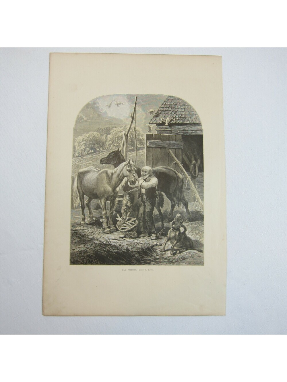 Antique 1873 Wood Engraving Print Old Friends by John S. Davis, The Aldine, Farm